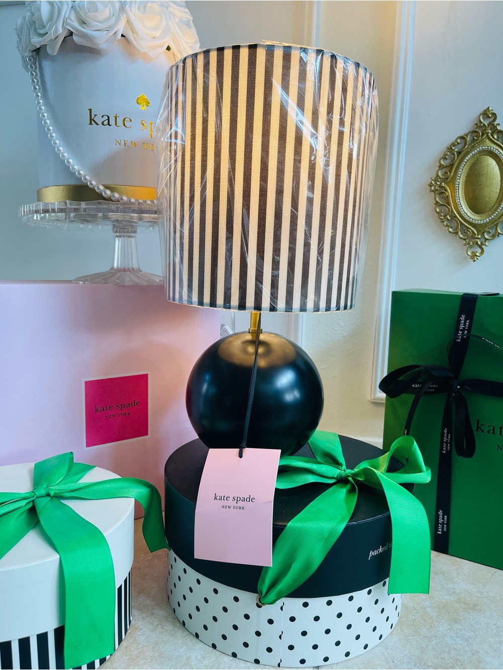 Kate Spade New York 15.5” black sphere black & white striped Table Lamp